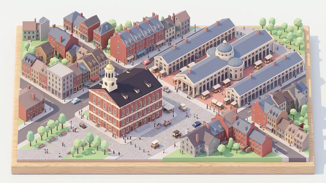 Isometrisches Diorama von Faneuil Hall in Boston, USA in Pastell