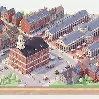 Isometrisches Diorama von Faneuil Hall und Umgebung in Boston USA, verspielte Low-Poly-Kulisse in Pastellfarben - Foto: THN