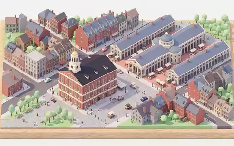 Isometrisches Diorama von Faneuil Hall und Umgebung in Boston USA, verspielte Low-Poly-Kulisse in Pastellfarben - Foto: THN