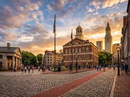 Fotorealistische Panoramaaufnahme von Freedom Trail Boston in Boston USA, warmes Abendlicht auf Wahrzeichen - Foto: THN