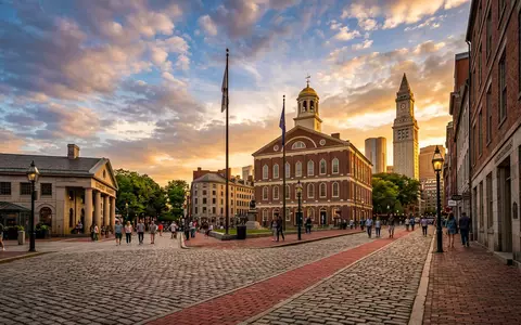Fotorealistische Panoramaaufnahme von Freedom Trail Boston in Boston USA, warmes Abendlicht auf Wahrzeichen - Foto: THN
