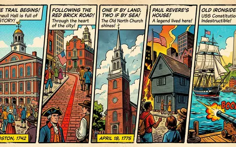 Pop-Art-Comicillustration des Wahrzeichens Freedom Trail Boston in Boston USA, kraeftige Konturen Rasterpunkte und satte Farben - Foto: THN