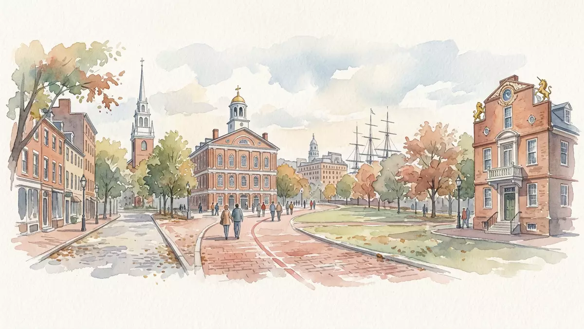 Aquarell-Illustration von Freedom Trail Boston in Boston, USA als Reiseposter