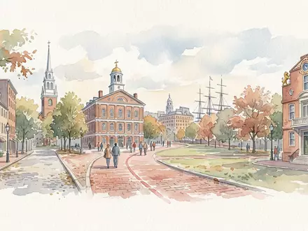 Aquarellillustration des Wahrzeichens Freedom Trail Boston in Boston USA, weiche Farbverläufe und pastelliges Reiseposter-Feeling - Foto: THN
