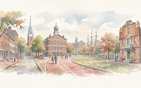 Aquarellillustration des Wahrzeichens Freedom Trail Boston in Boston USA, weiche Farbverläufe und pastelliges Reiseposter-Feeling - Foto: THN