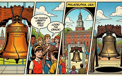 Pop-Art-Comicillustration des Wahrzeichens Liberty Bell in Philadelphia USA, kraeftige Konturen Rasterpunkte und satte Farben - Foto: THN