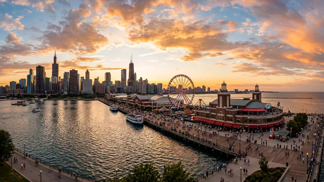 Fotorealistische Ansicht von Navy Pier Chicago in Chicago, USA im Abendlicht