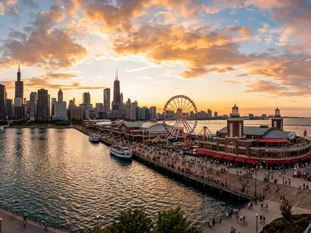 Fotorealistische Panoramaaufnahme von Navy Pier Chicago in Chicago USA, warmes Abendlicht auf Wahrzeichen - Foto: THN