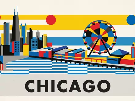 Bauhaus-Poster als geometrische Abstraktion von Navy Pier Chicago in Chicago USA, kraeftige Grundfarben und harte - Foto: THN