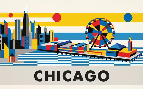 Bauhaus-Poster als geometrische Abstraktion von Navy Pier Chicago in Chicago USA, kraeftige Grundfarben und harte - Foto: THN
