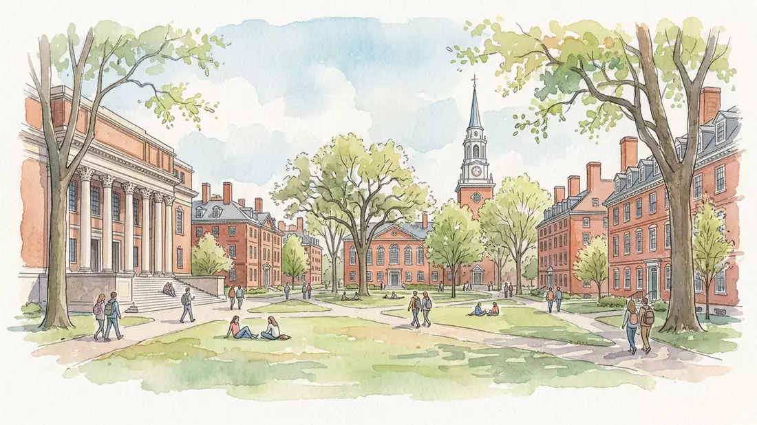 Aquarell-Illustration von Harvard Yard in Cambridge, USA als Reiseposter