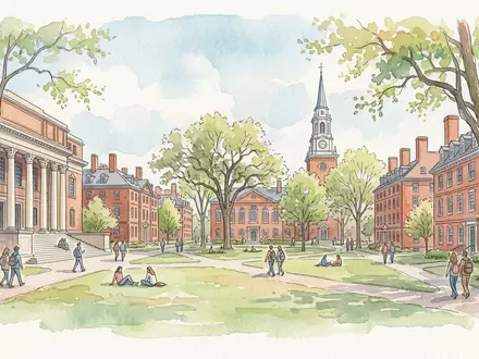 Aquarellillustration des Wahrzeichens Harvard Yard in Cambridge USA, weiche Farbverläufe und pastelliges Reiseposter-Feeling - Foto: THN