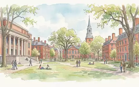 Aquarellillustration des Wahrzeichens Harvard Yard in Cambridge USA, weiche Farbverläufe und pastelliges Reiseposter-Feeling - Foto: THN