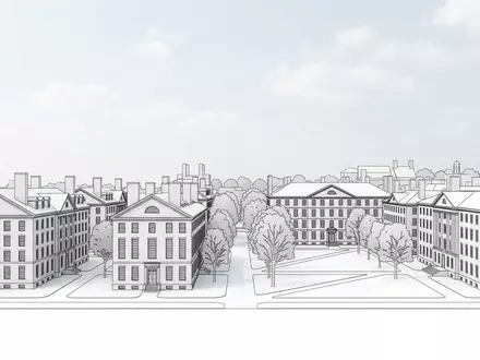 Moderner Architektur-Render zeigt Silhouette von Harvard Yard in Cambridge USA, klare Linien und neutrales Tageslicht - Foto: THN