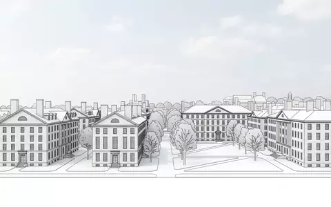 Moderner Architektur-Render zeigt Silhouette von Harvard Yard in Cambridge USA, klare Linien und neutrales Tageslicht - Foto: THN