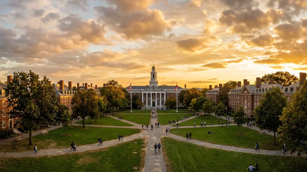 Fotorealistische Ansicht von Harvard Yard in Cambridge, USA im Abendlicht