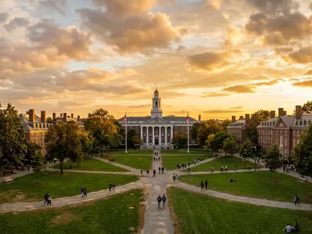 Fotorealistische Panoramaaufnahme von Harvard Yard in Cambridge USA, warmes Abendlicht auf Wahrzeichen - Foto: THN