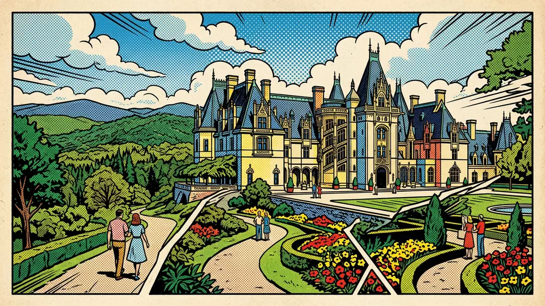 Pop-Art-Comic von Biltmore Estate in Asheville, USA mit Rasterpunkten