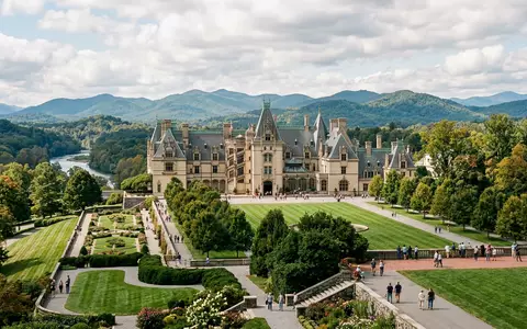 Editorialbild im Reisemagazin-Stil vom Wahrzeichen Biltmore Estate in Asheville USA, ausgewogene Bildgestaltung und natuerliches Umgebungslicht - Foto: THN