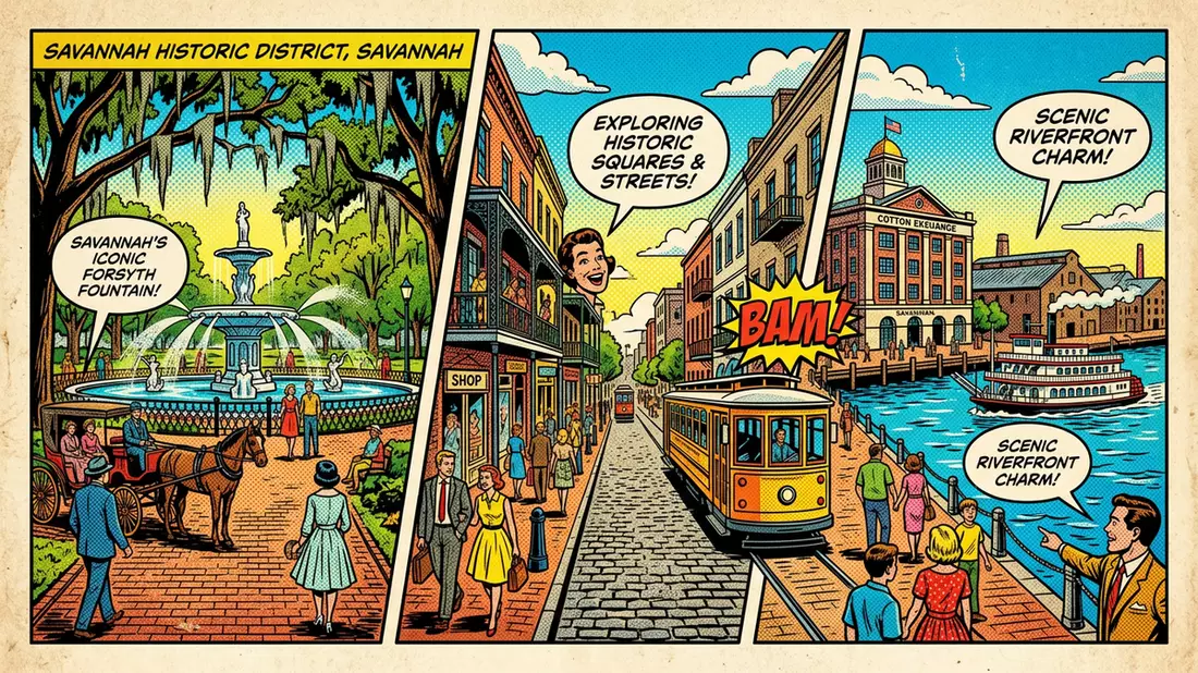 Pop-Art-Comic von Savannah Historic District in Savannah, USA mit Rasterpunkten