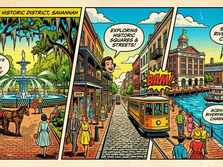 Pop-Art-Comicillustration des Wahrzeichens Savannah Historic District in Savannah USA, kraeftige Konturen Rasterpunkte und satte Farben - Foto: THN