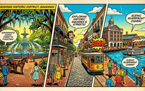 Pop-Art-Comicillustration des Wahrzeichens Savannah Historic District in Savannah USA, kraeftige Konturen Rasterpunkte und satte Farben - Foto: THN