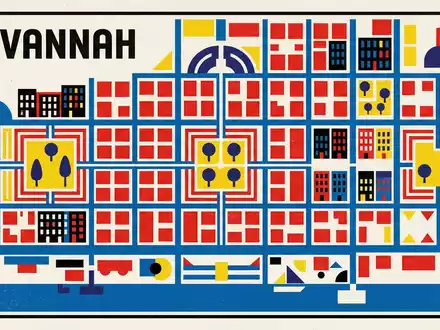 Bauhaus-Poster als geometrische Abstraktion von Savannah Historic District in Savannah USA, kraeftige Grundfarben und harte - Foto: THN