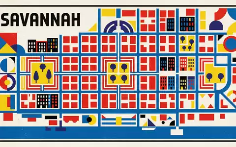 Bauhaus-Poster als geometrische Abstraktion von Savannah Historic District in Savannah USA, kraeftige Grundfarben und harte - Foto: THN