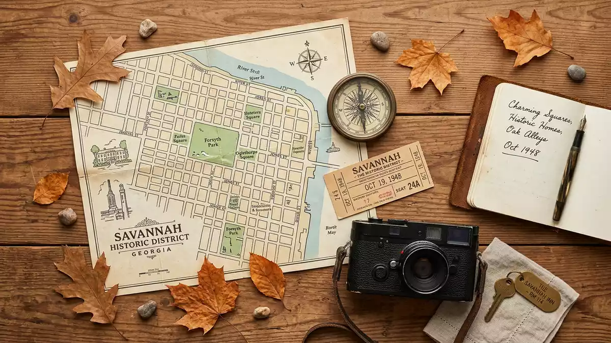 Flatlay-Reise-Arrangement rund um Savannah Historic District in Savannah, USA