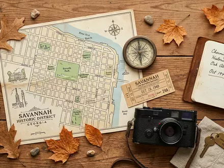 Flatlay-Reise-Arrangement rund um Savannah Historic District in Savannah USA, Karte Kompass Kamera und generische Reiserequisiten - Foto: THN