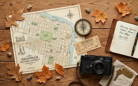 Flatlay-Reise-Arrangement rund um Savannah Historic District in Savannah USA, Karte Kompass Kamera und generische Reiserequisiten - Foto: THN