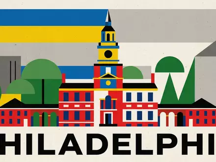 Bauhaus-Poster als geometrische Abstraktion von Independence Hall Philadelphia in Philadelphia USA, kraeftige Grundfarben und harte - Foto: THN