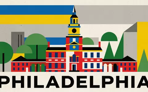 Bauhaus-Poster als geometrische Abstraktion von Independence Hall Philadelphia in Philadelphia USA, kraeftige Grundfarben und harte - Foto: THN