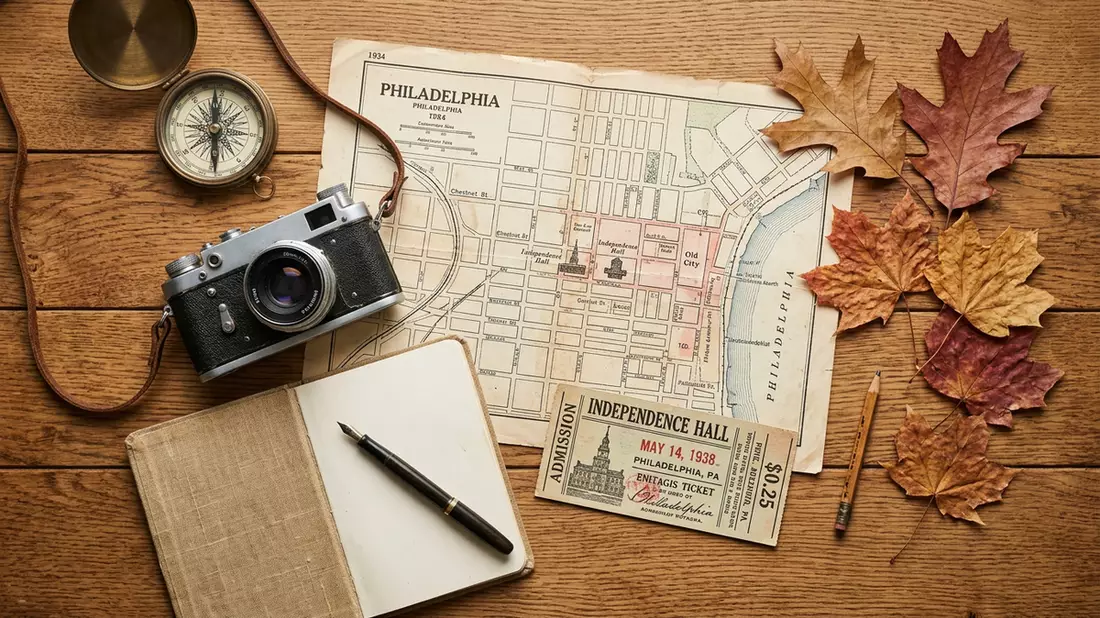 Flatlay-Reise-Arrangement rund um Independence Hall Philadelphia in Philadelphia, USA