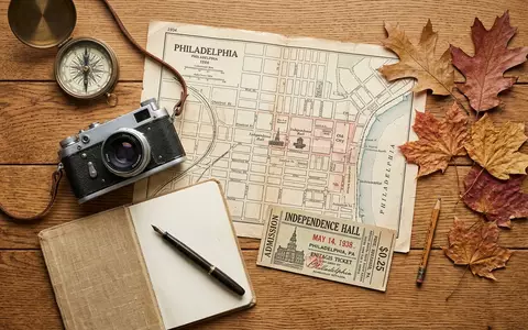 Flatlay-Reise-Arrangement rund um Independence Hall Philadelphia in Philadelphia USA, Karte Kompass Kamera und generische Reiserequisiten - Foto: THN