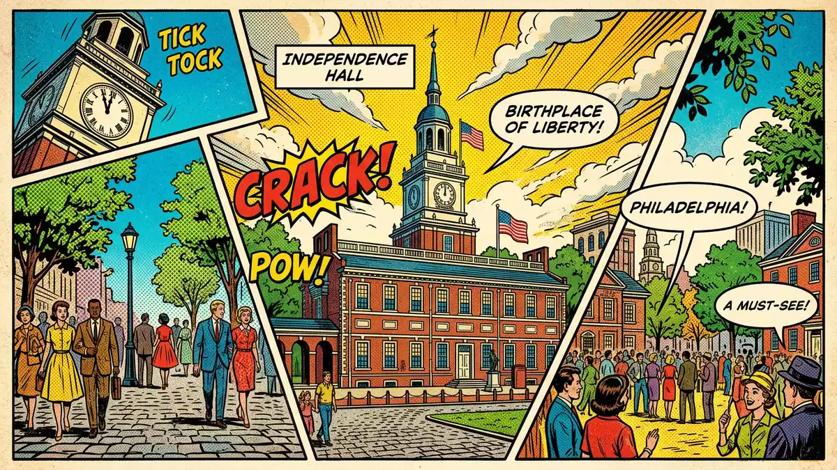 Pop-Art-Comic von Independence Hall Philadelphia in Philadelphia, USA mit Rasterpunkten