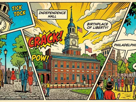 Pop-Art-Comicillustration des Wahrzeichens Independence Hall Philadelphia in Philadelphia USA, kraeftige Konturen Rasterpunkte und satte Farben - Foto: THN