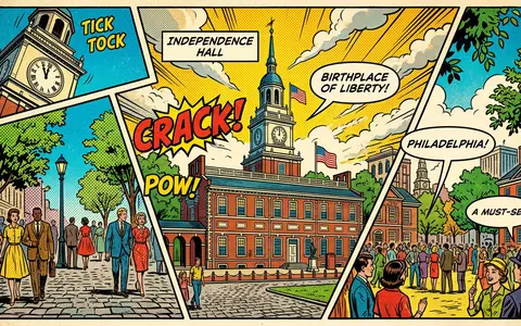 Pop-Art-Comicillustration des Wahrzeichens Independence Hall Philadelphia in Philadelphia USA, kraeftige Konturen Rasterpunkte und satte Farben - Foto: THN