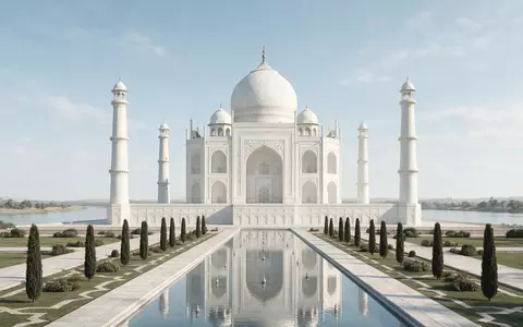 Moderner Architektur-Render zeigt Silhouette von Taj Mahal in Agra Indien, klare Linien und neutrales Tageslicht - Foto: THN