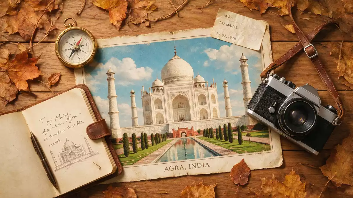 Flatlay-Reise-Arrangement rund um Taj Mahal in Agra, Indien