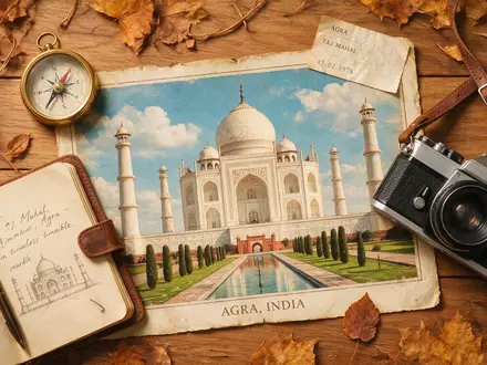 Flatlay-Reise-Arrangement rund um Taj Mahal in Agra Indien, Karte Kompass Kamera und generische Reiserequisiten - Foto: THN
