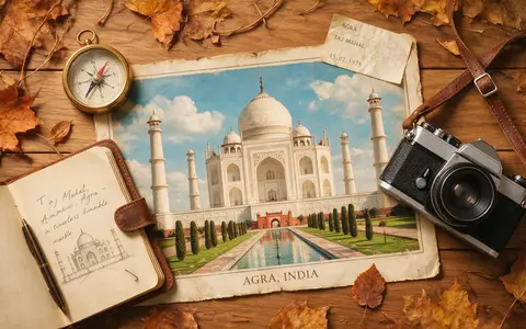 Flatlay-Reise-Arrangement rund um Taj Mahal in Agra Indien, Karte Kompass Kamera und generische Reiserequisiten - Foto: THN