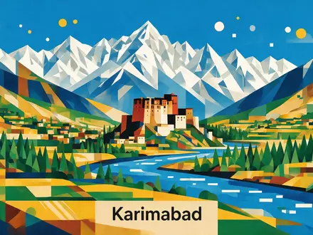 Bauhaus-Poster als geometrische Abstraktion von Hunza-Tal in Karimabad Pakistan, kraeftige Grundfarben und harte Formkanten - Foto: THN