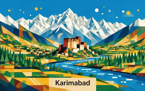 Bauhaus-Poster als geometrische Abstraktion von Hunza-Tal in Karimabad Pakistan, kraeftige Grundfarben und harte Formkanten - Foto: THN
