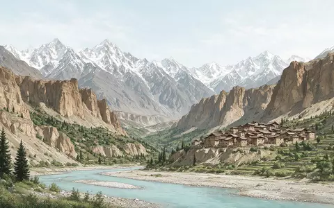 Moderner Architektur-Render zeigt Silhouette von Hunza-Tal in Karimabad Pakistan, klare Linien und neutrales Tageslicht - Foto: THN