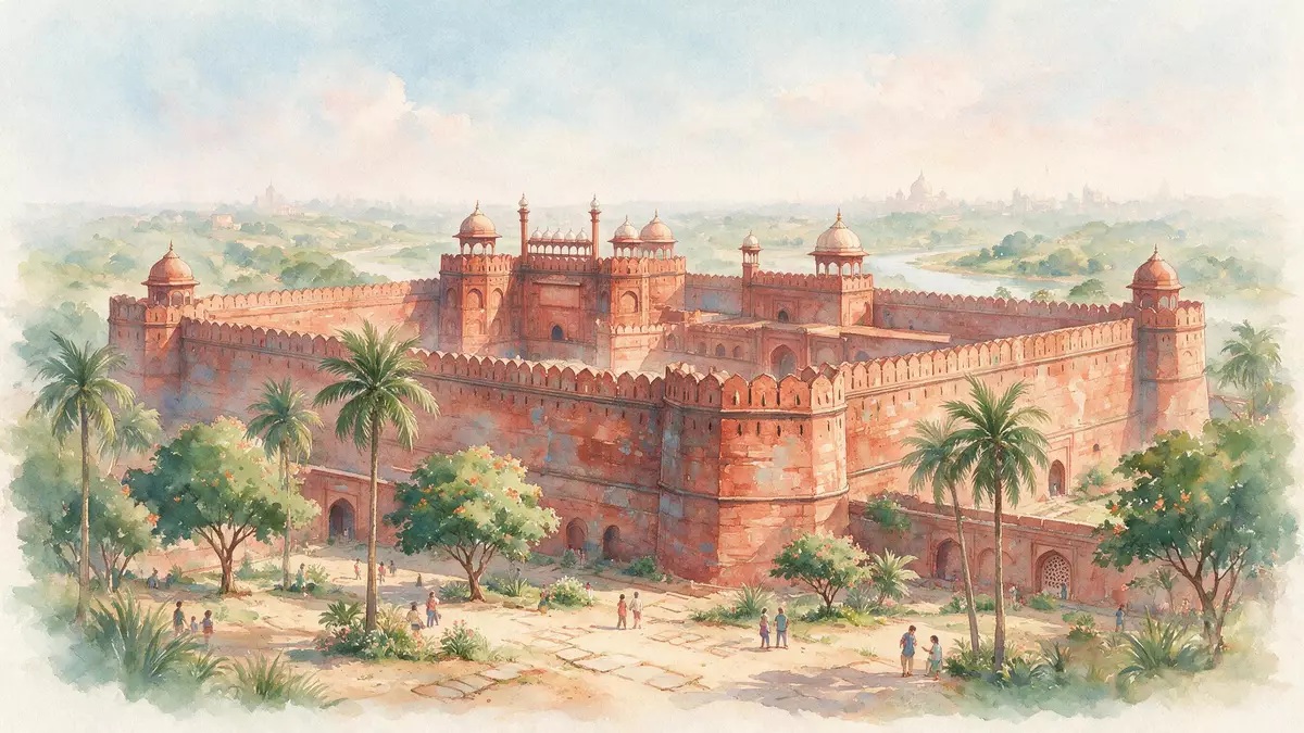Aquarell-Illustration von Rotes Fort Delhi in Delhi, Indien als Reiseposter