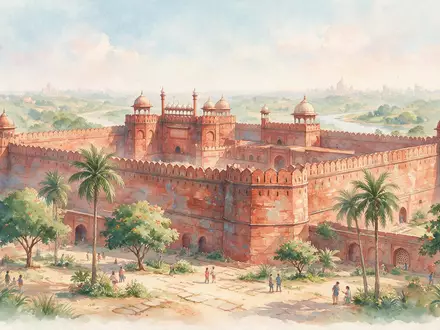 Aquarellillustration des Wahrzeichens Rotes Fort Delhi in Delhi Indien, weiche Farbverläufe und pastelliges Reiseposter-Feeling - Foto: THN