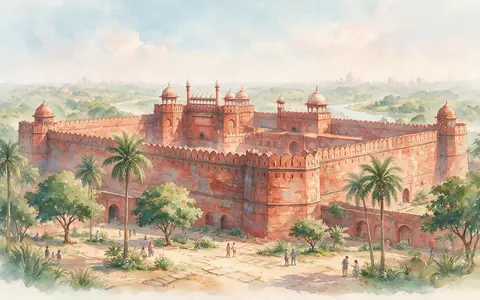 Aquarellillustration des Wahrzeichens Rotes Fort Delhi in Delhi Indien, weiche Farbverläufe und pastelliges Reiseposter-Feeling - Foto: THN