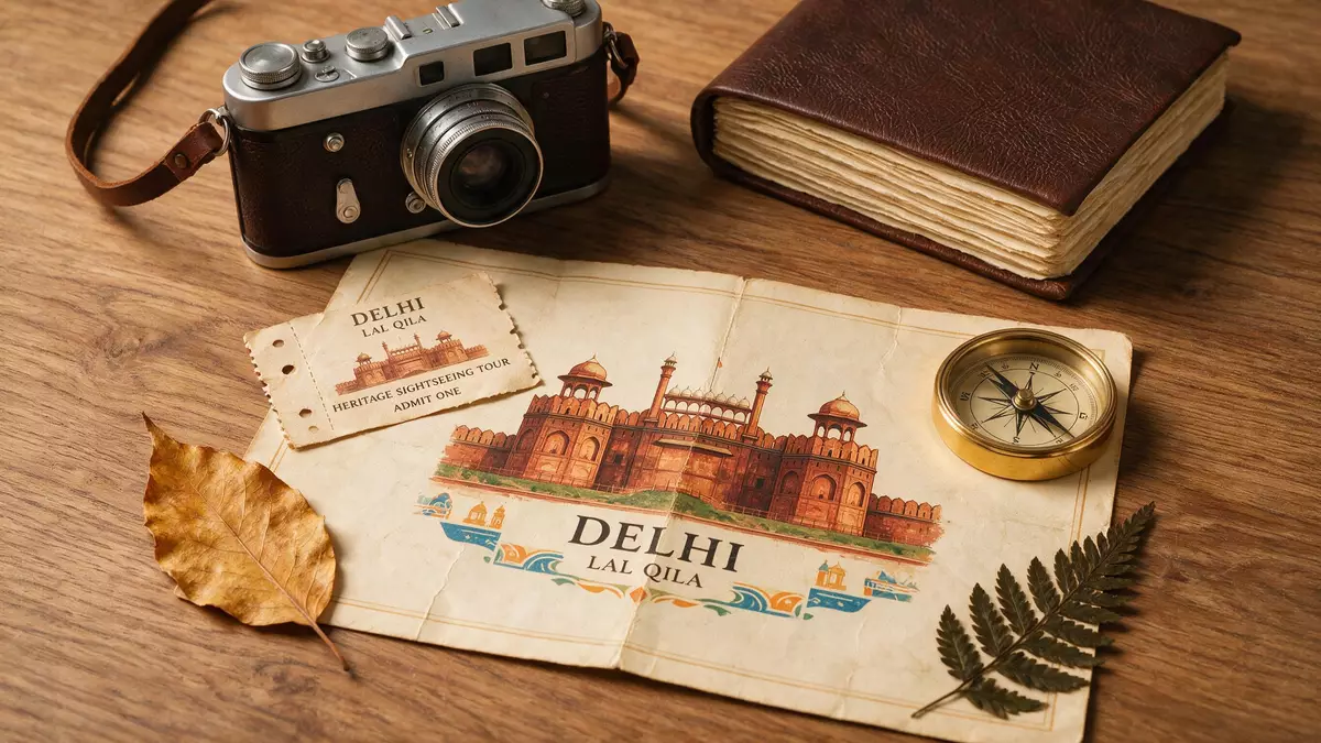 Flatlay-Reise-Arrangement rund um Rotes Fort Delhi in Delhi, Indien