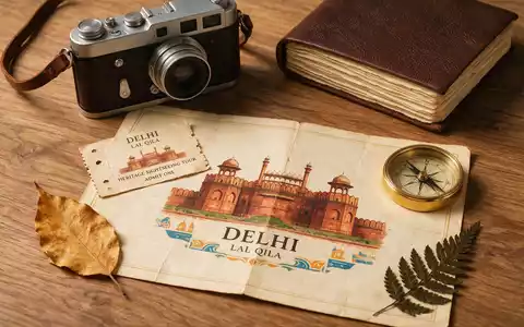 Flatlay-Reise-Arrangement rund um Rotes Fort Delhi in Delhi Indien, Karte Kompass Kamera und generische Reiserequisiten - Foto: THN